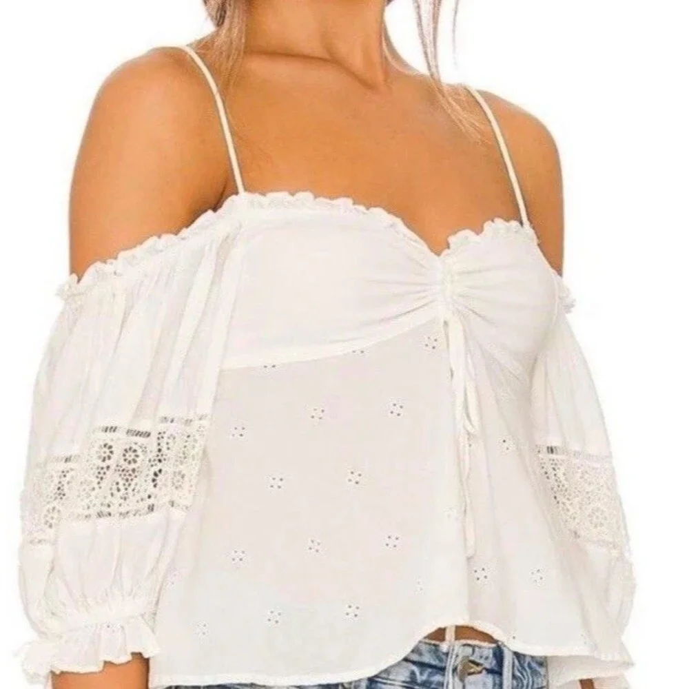 NWOT Free People Bambino Eyelet Puff Sleeve Off Shoulder Crop Top White Size XS